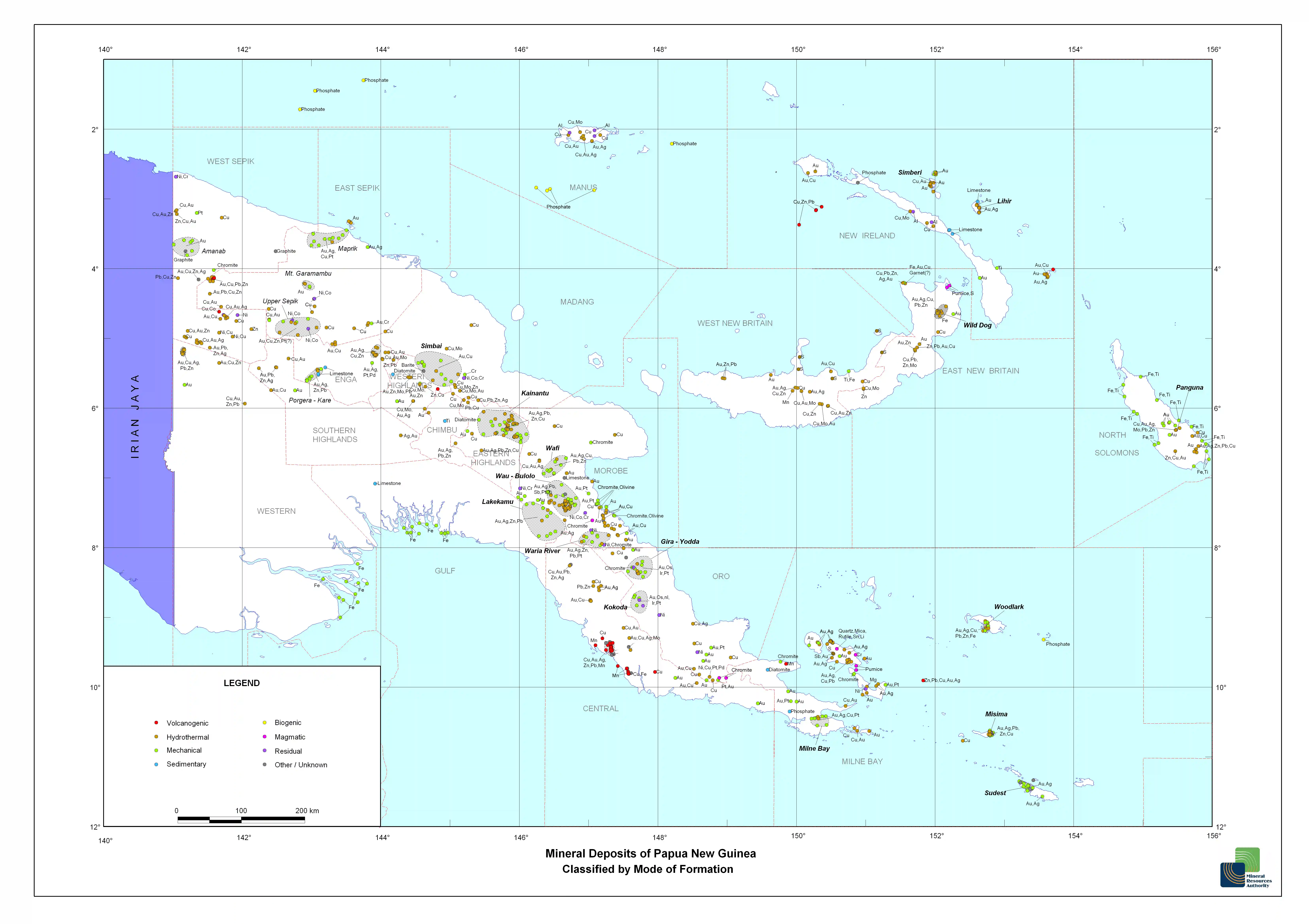 Mineral deposits map of Papua New Guinea showing provinces and mineral occurrences